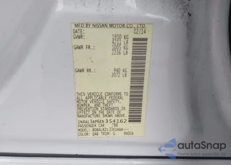 2014 Nissan Altima 2.5/2.5 S/2.5 Sl/2.5 Sv z USA, uszkodzony, nr VIN 1N4AL3AP6EN354162